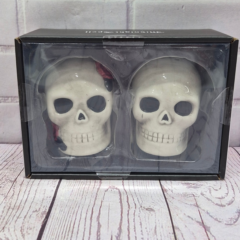 Midnight Spell Skull Salt and Pepper Shaker Set Ceramic Gothic Halloween Decor